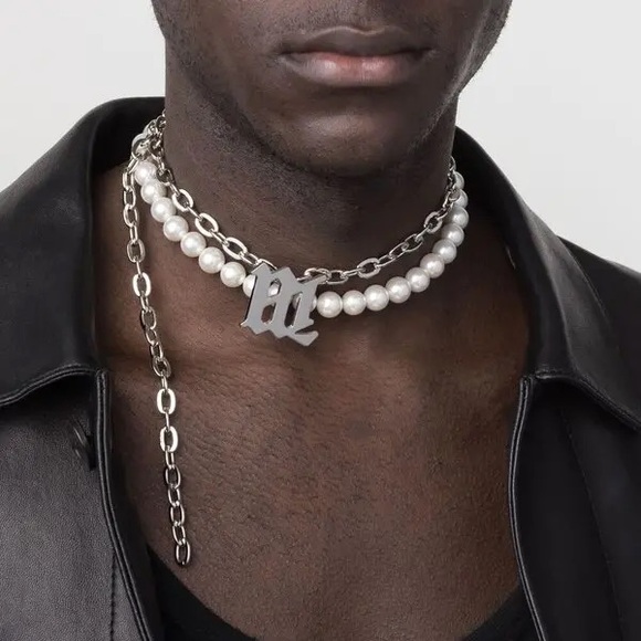 MISBHV pearl-trim chain necklace silver & white link choker silver plated - Picture 1 of 6